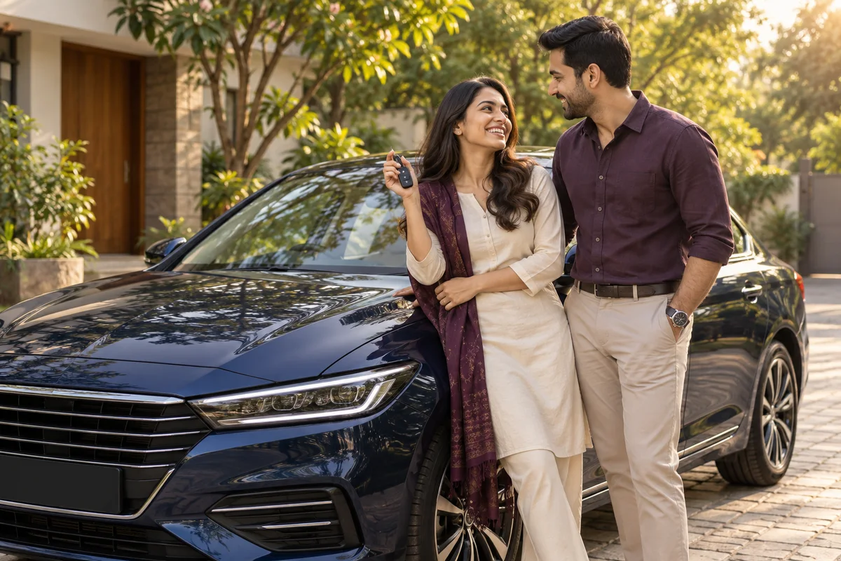 A couple beside their car on a leafy driveway