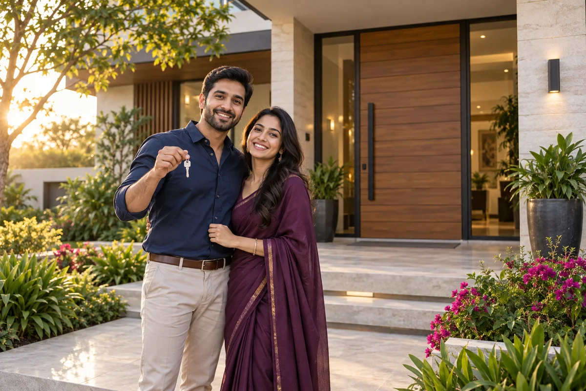A couple at the entrance of their new home