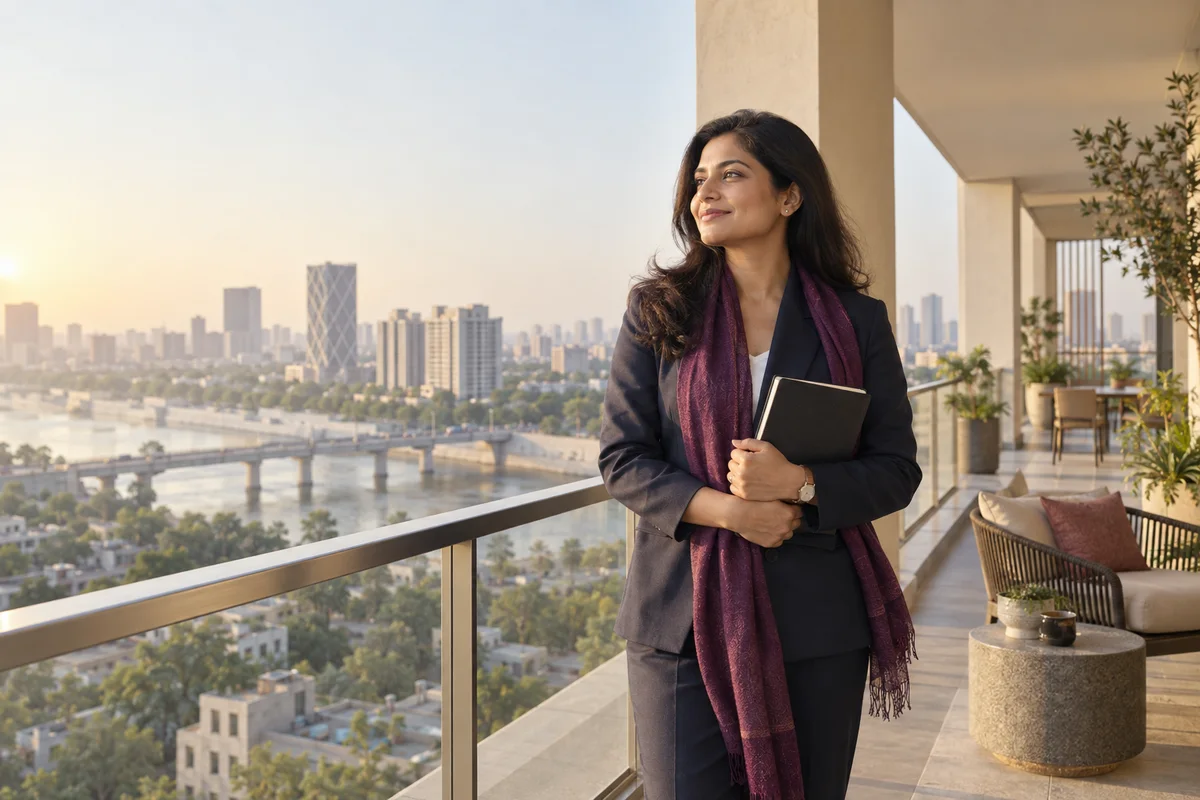 An architect looking across the city from a sunlit balcony